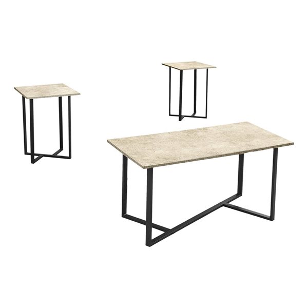 Monarch Specialties 3-Piece Cream Stone Laminate Modern Living Room Table Set w/ Black Metal Base