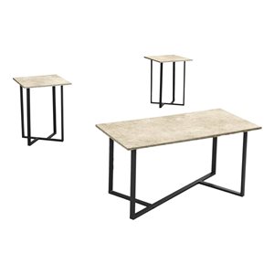 Monarch Specialties 3-Piece Cream Stone Laminate Modern Living Room Table Set w/ Black Metal Base