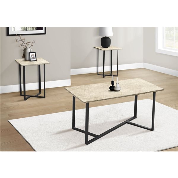 Monarch Specialties 3-Piece Cream Stone Laminate Modern Living Room Table Set w/ Black Metal Base