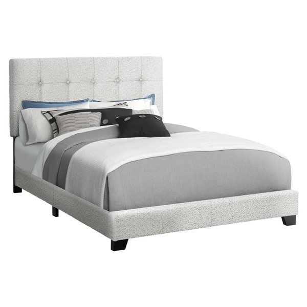 Monarch Specialties Light Grey Fabric Upholstered Bed Frame w/ Button-Tufted Headboard - Full