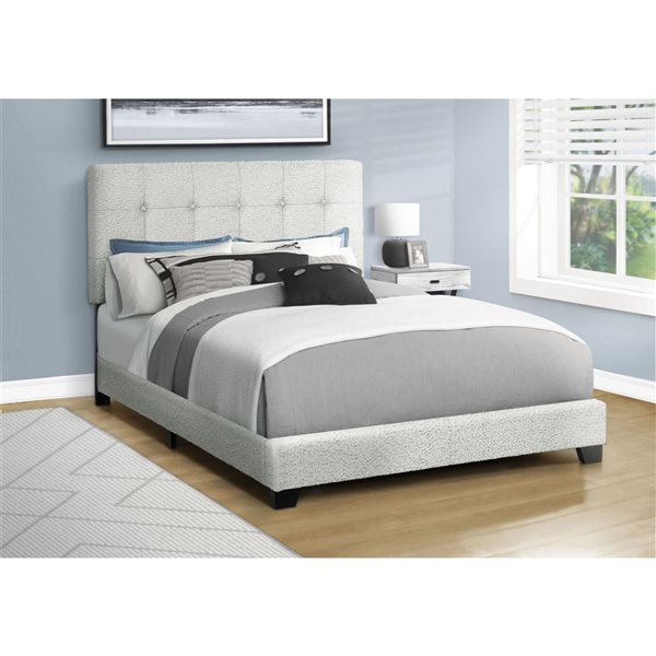 Monarch Specialties Light Grey Fabric Upholstered Bed Frame w/ Button-Tufted Headboard - Full