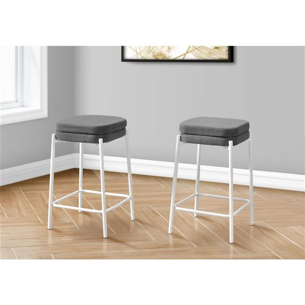 Monarch Specialties Grey Fabric/White Metal Modern Counter Height Barstool - Set of 3