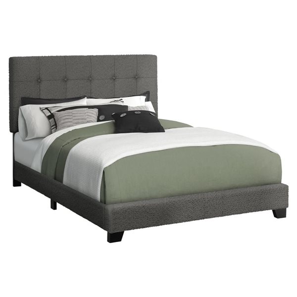 Monarch Specialties Dark Grey Fabric Upholstered Bed Frame w/ Button-Tufted Headboard - Full