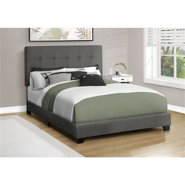 Monarch Specialties Dark Grey Fabric Upholstered Bed Frame w/ Button-Tufted Headboard - Full