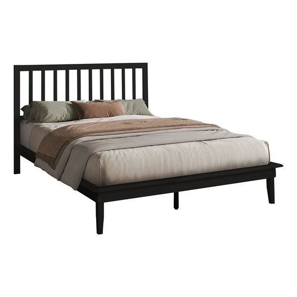 Monarch Specialties Black Engineered Wood Contemporary Platform Bed Frame w/ Slatted Headboard - Queen