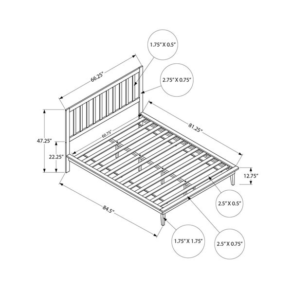 Monarch Specialties Black Engineered Wood Contemporary Platform Bed Frame w/ Slatted Headboard - Queen