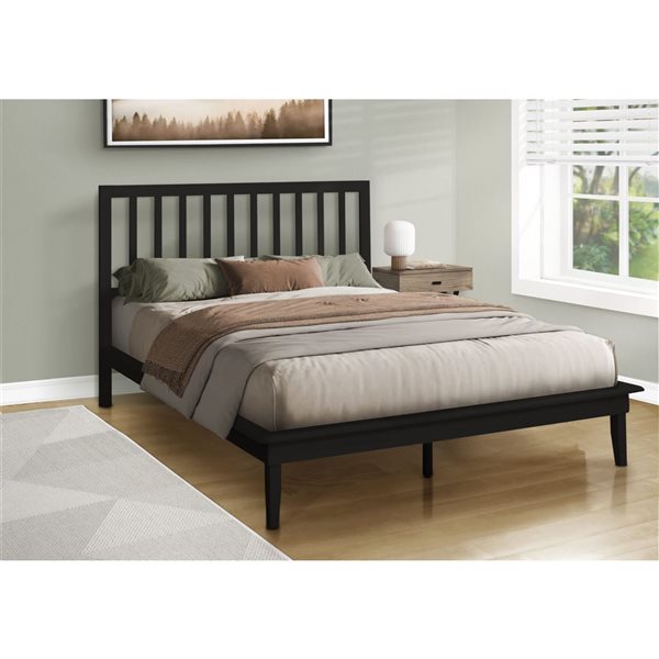 Monarch Specialties Black Engineered Wood Contemporary Platform Bed Frame w/ Slatted Headboard - Queen