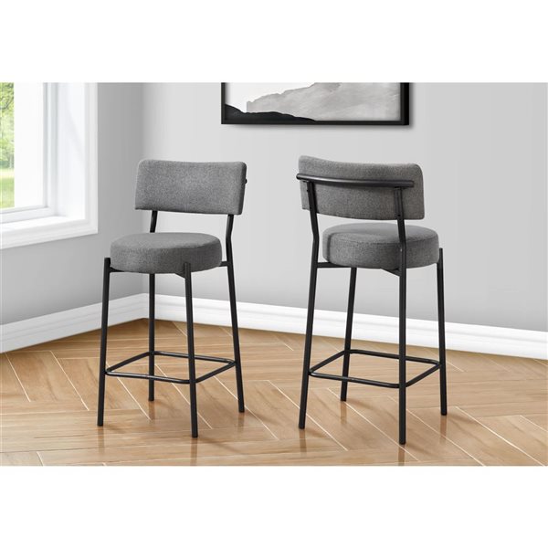 Monarch Specialties Grey Fabric/Black Metal Modern Counter Height Backrest Barstool - Set of 2