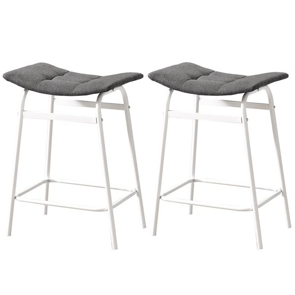 Monarch Specialties Grey Fabric/White Metal Modern Counter Height Saddle Seat Barstool - Set of 2