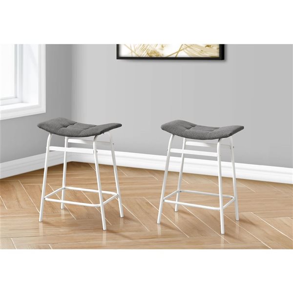 Monarch Specialties Grey Fabric/White Metal Modern Counter Height Saddle Seat Barstool - Set of 2