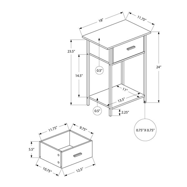 Monarch Specialties 24-in H Dark Bronze Laminate/Black Metal 2-Tier Side Table w/ Drawer