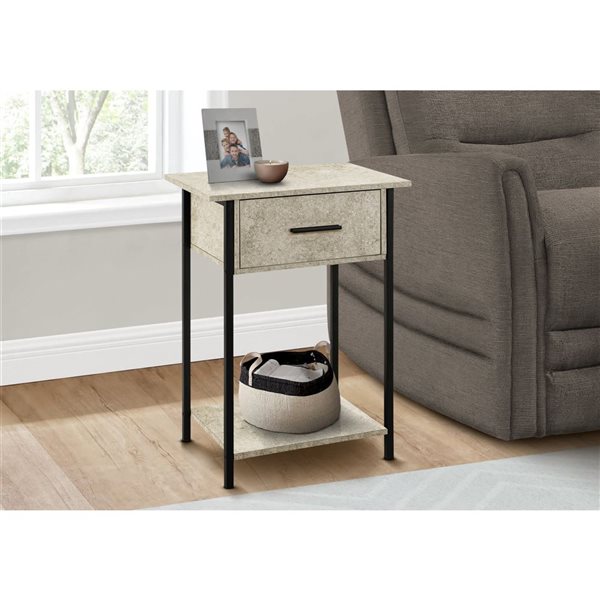 Monarch Specialties 24-in H Cream Stone Laminate/Black Metal 2-Tier Side Table w/ Drawer