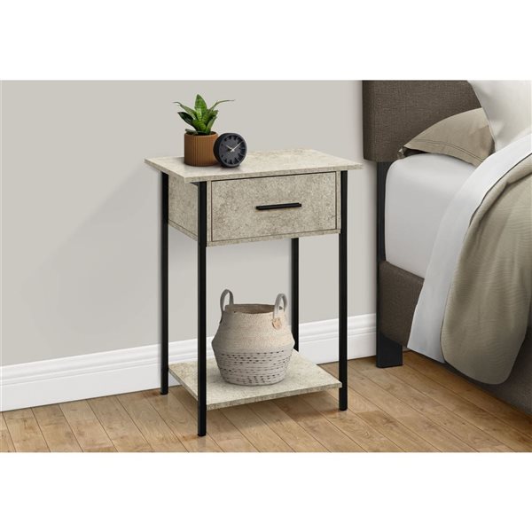 Monarch Specialties 24-in H Cream Stone Laminate/Black Metal 2-Tier Side Table w/ Drawer