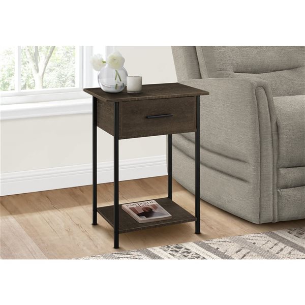 Monarch Specialties 24-in H Dark Oak Laminate/Black Metal 2-Tier Side Table w/ Drawer