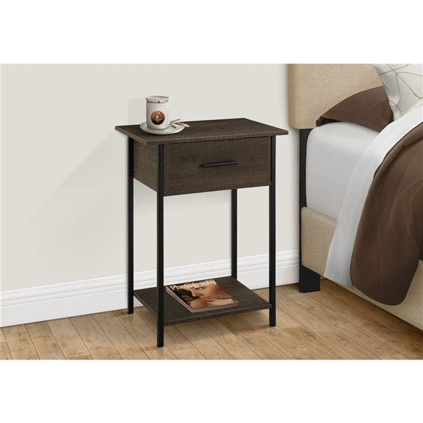 Monarch Specialties 24-in H Dark Oak Laminate/Black Metal 2-Tier Side Table w/ Drawer