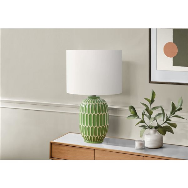Monarch Specialties 22-in Green Ceramic Contemporary Table Lamp with Ivory / Cream Shade