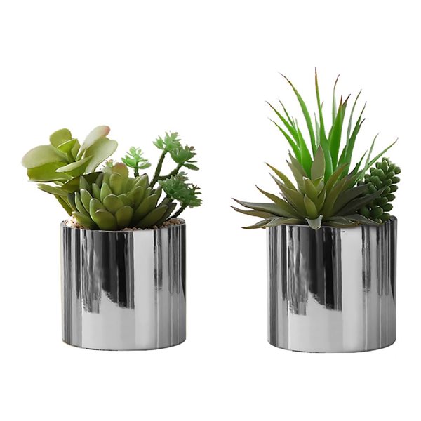 Monarch Specialties 7-in Tall Indoor Decorative Artificial Succulent Set of 2 in Chrome Pots