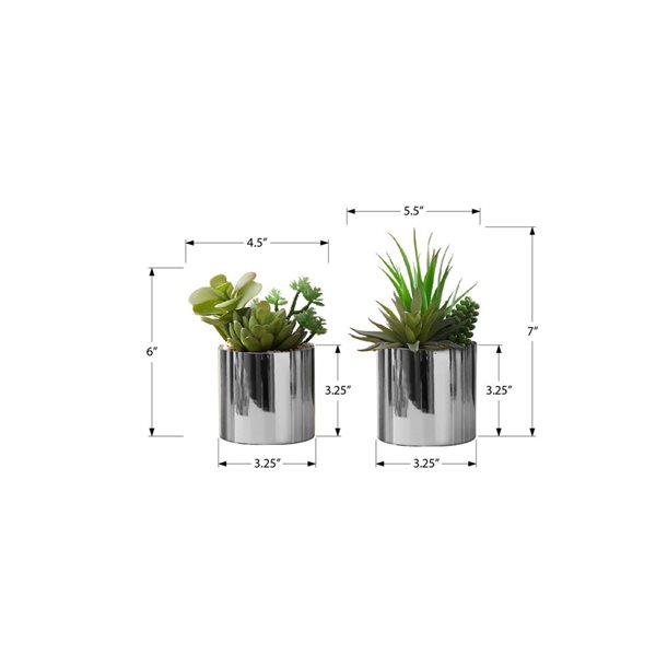 Monarch Specialties 7-in Tall Indoor Decorative Artificial Succulent Set of 2 in Chrome Pots