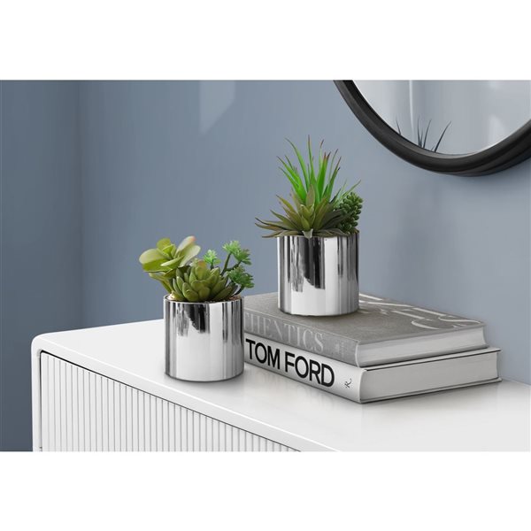 Monarch Specialties 7-in Tall Indoor Decorative Artificial Succulent Set of 2 in Chrome Pots
