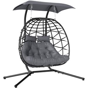 Chaise suspendue double Outsunny en œuf noire avec auvent