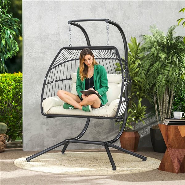 Outsunny Cream White Double Hanging Egg Chair with Stand 867