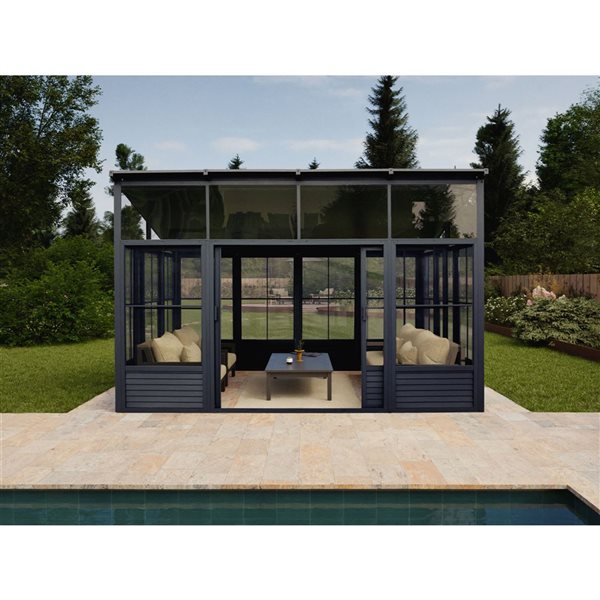 Gazebo Penguin Narvik 12 x 15-ft Grey Aluminum Solarium w/ Metal Roof and Double Sliding Doors