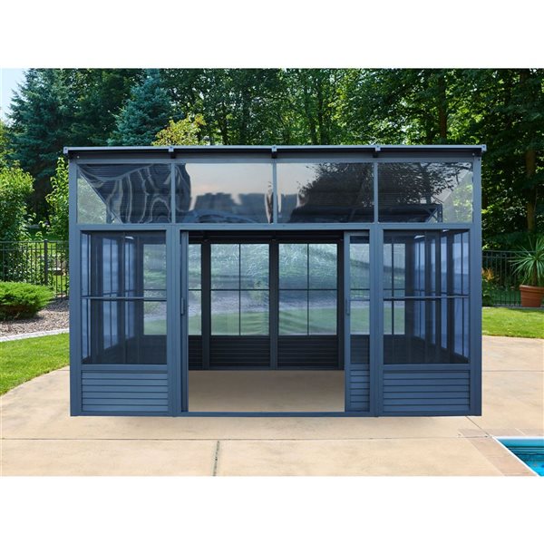 Gazebo Penguin Narvik 12 x 15-ft Grey Aluminum Solarium w/ Metal Roof and Double Sliding Doors