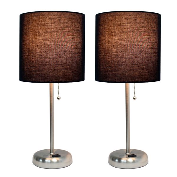 Simple Designs 19.5-in Brushed Nickel Metal Table/Desk Lamp Set w/ Charging Outlet and Black Shade - 2/Pk