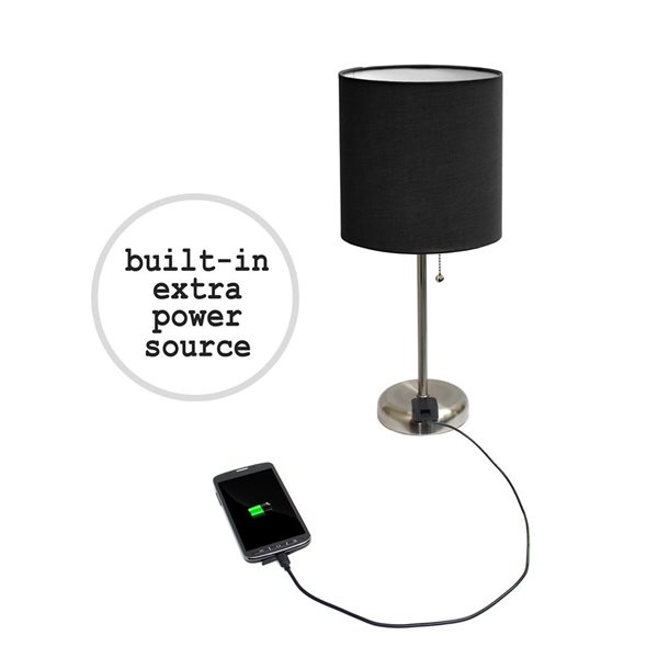 Simple Designs 19.5-in Brushed Nickel Metal Table/Desk Lamp Set w/ Charging Outlet and Black Shade - 2/Pk