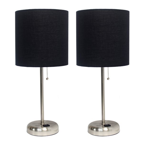 Simple Designs 19.5-in Brushed Nickel Metal Table/Desk Lamp Set w/ Charging Outlet and Black Shade - 2/Pk