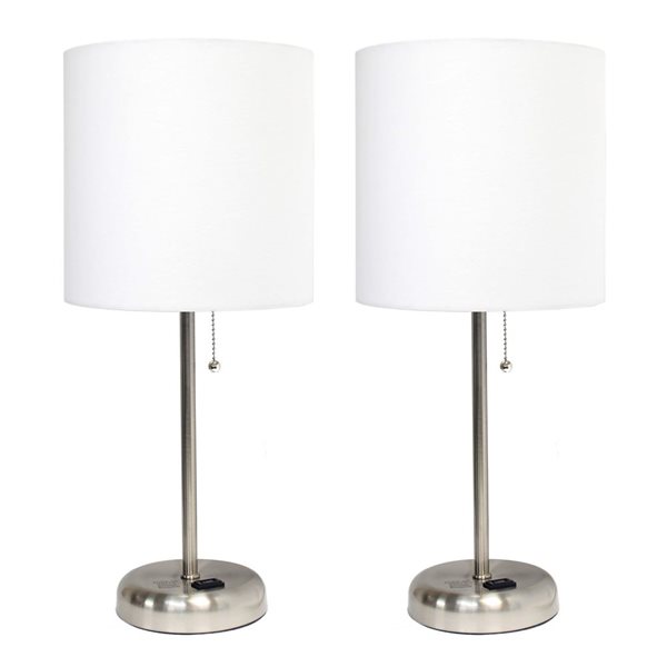 Simple Designs 19.5-in Brushed Nickel Metal Table/Desk Lamp Set w/ Charging Outlet and White Shade - 2/Pk