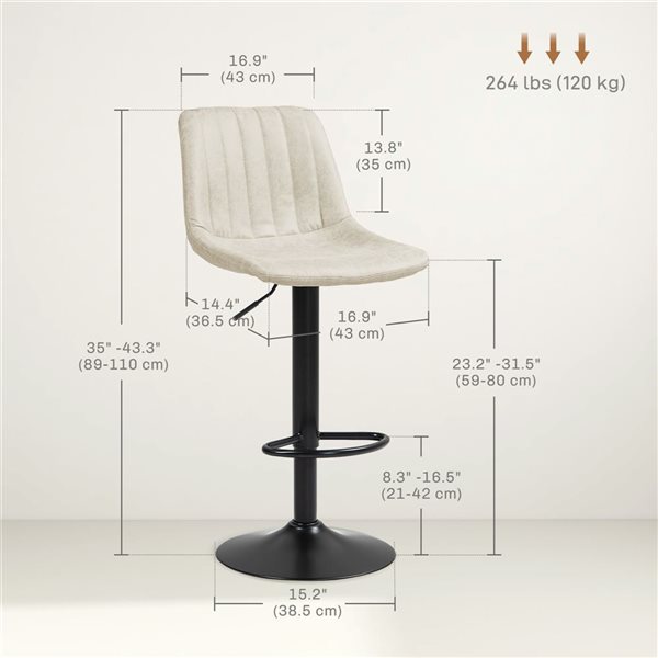 HOMCOM Set of 2 Cream White Leathaire Swivel Adjustable Bar Stools with Back