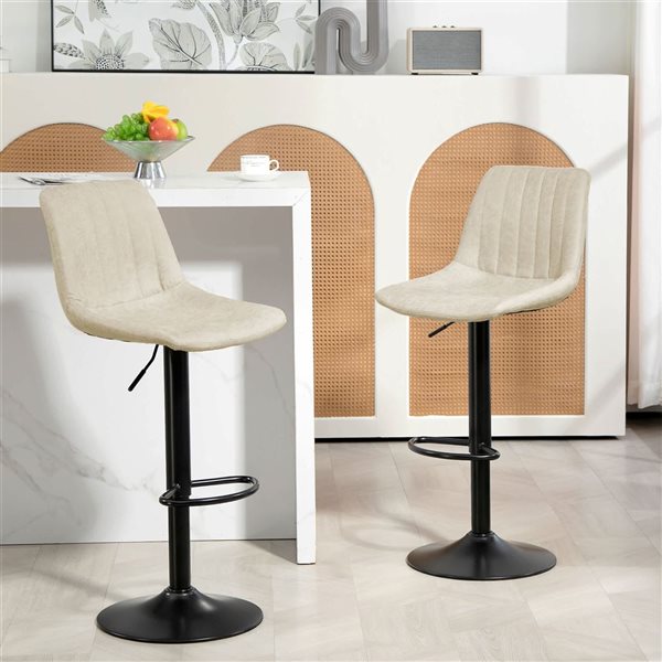 HOMCOM Set of 2 Cream White Leathaire Swivel Adjustable Bar Stools with Back