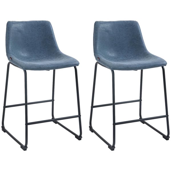 HOMCOM Set of 2 Dark Blue Counter Height Bar Stools with Back