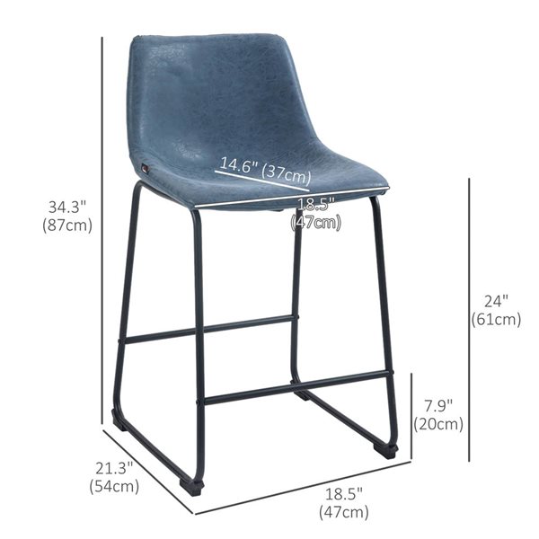 HOMCOM Set of 2 Dark Blue Counter Height Bar Stools with Back
