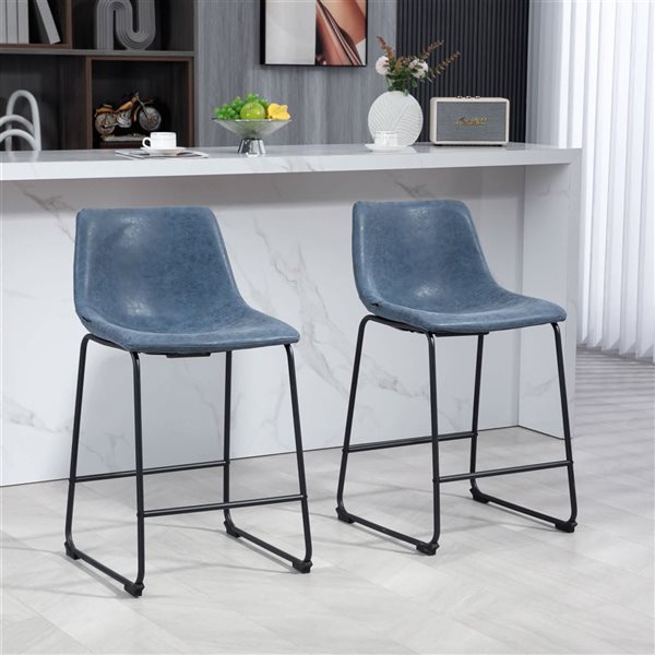 HOMCOM Set of 2 Dark Blue Counter Height Bar Stools with Back