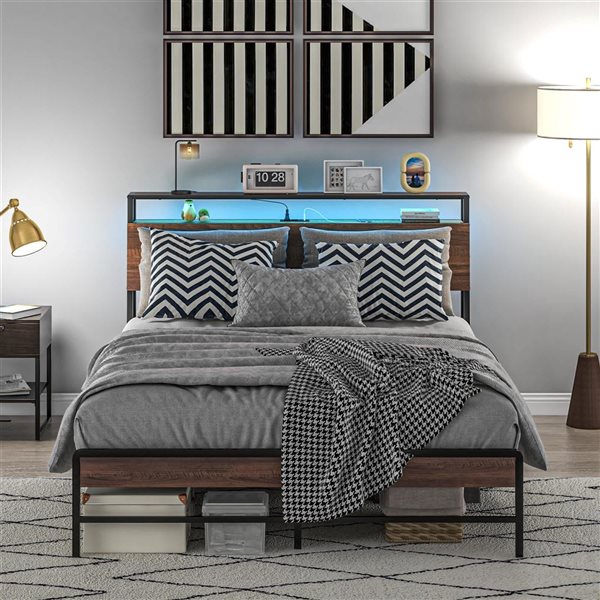 HOMCOM Walnut Queen Bed Frame with Headboard, LED Lights, Charging Station