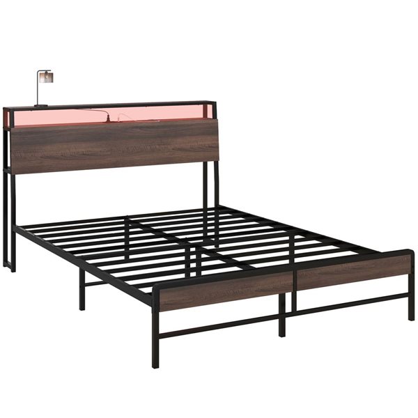HOMCOM Walnut Queen Bed Frame with Headboard, LED Lights, Charging Station