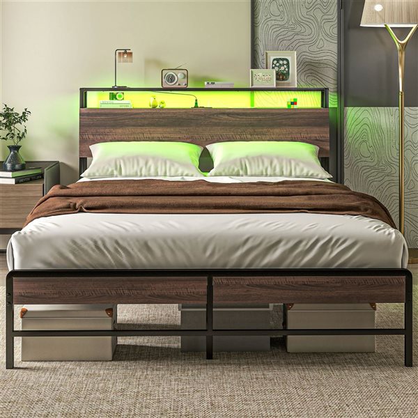 HOMCOM Walnut Queen Bed Frame with Headboard, LED Lights, Charging Station