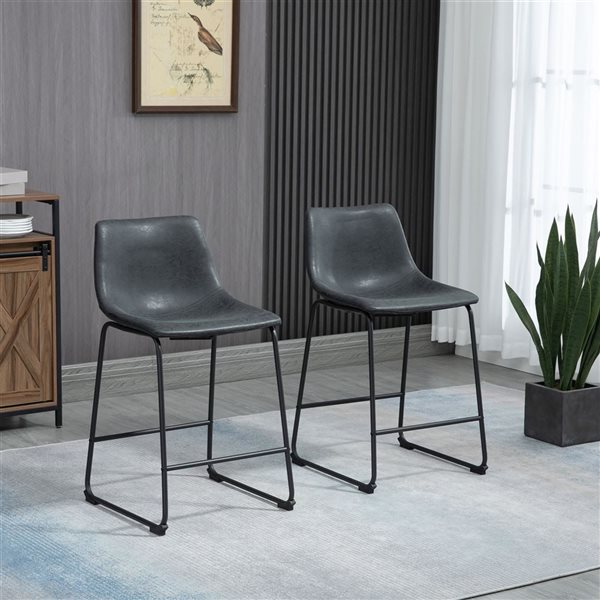 HOMCOM Set of 2 Black Counter Height Bar Stools with Back