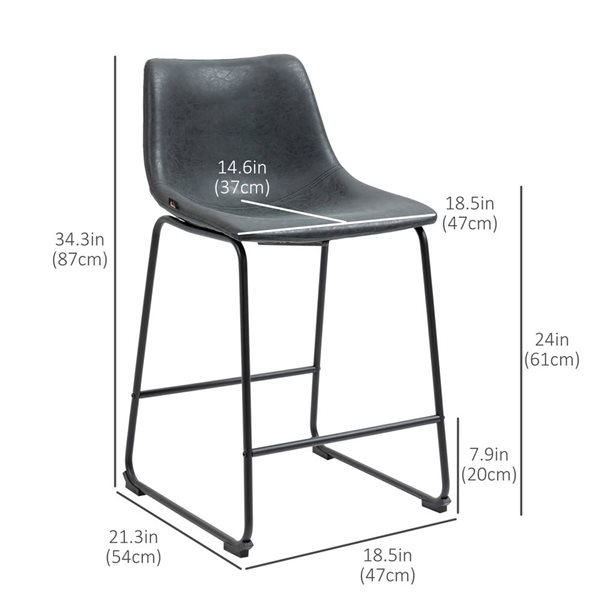 HOMCOM Set of 2 Black Counter Height Bar Stools with Back