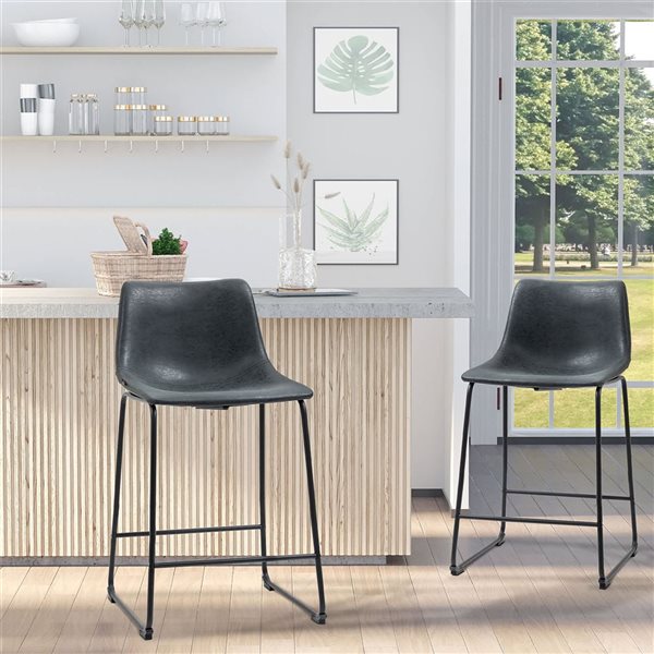 HOMCOM Set of 2 Black Counter Height Bar Stools with Back
