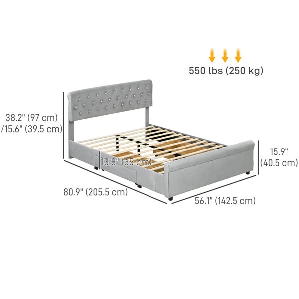 HOMCOM Light Grey Full Bed Frame with 2 Drawers and Upholstered Headboard