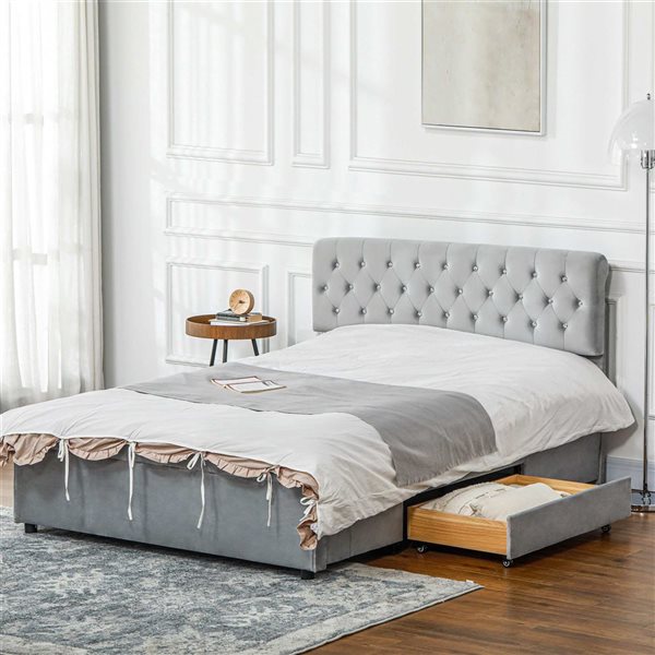 HOMCOM Light Grey Full Bed Frame with 2 Drawers and Upholstered Headboard