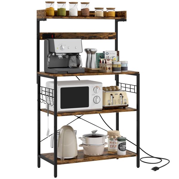 HOMCOM Kitchen Bakers Rack with Power Outlet, Adjustable Shelves and Hooks