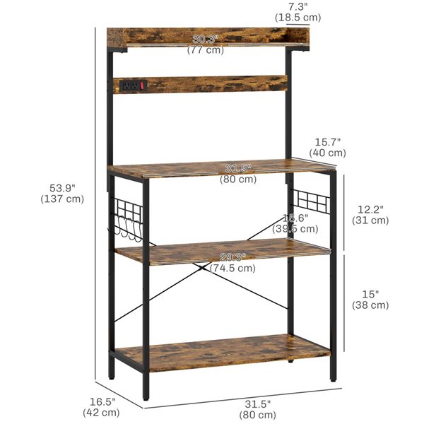 HOMCOM Kitchen Bakers Rack with Power Outlet, Adjustable Shelves and Hooks