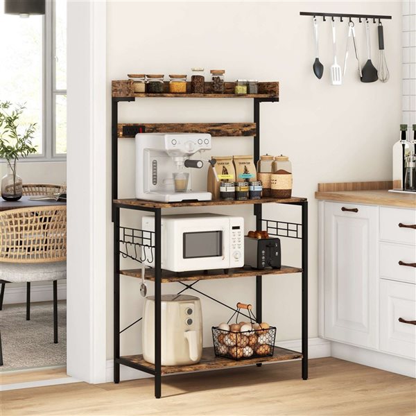 HOMCOM Kitchen Bakers Rack with Power Outlet, Adjustable Shelves and Hooks
