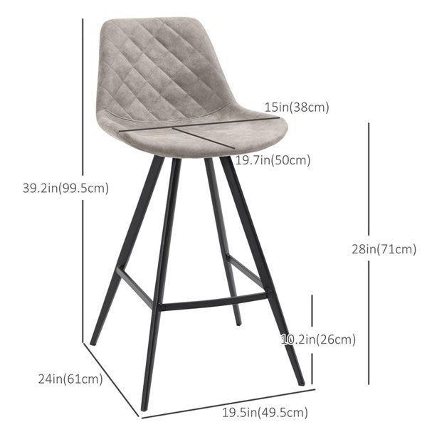 HOMCOM Set of 2 Grey Microfiber Cloth Bar Height Bar Stools
