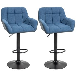 HOMCOM Set of 2 Dark Blue Swivel Tufted Fabric Adjustable Bar Stools