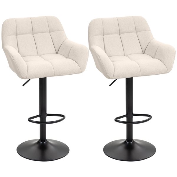 HOMCOM Set of 2 Cream White Swivel Tufted Fabric Adjustable Bar Stools